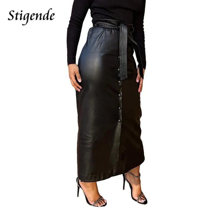 Stigende Single Breasted Pu Leather Long Skirt Women Bandage Button Bodycon Black Faux Leather Maxi Skirt
