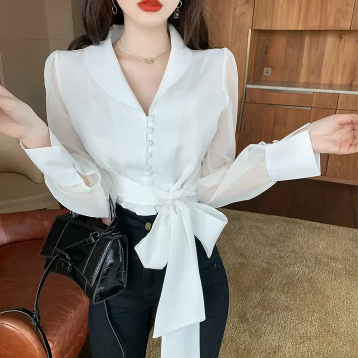 2023 Women's V-Neck Bow Crop Top - Elegant White Chiffon Blouse for Slim Waist