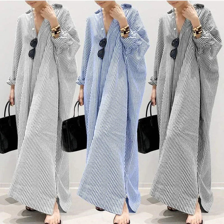 2022 Plus Size Striped Dress with Lapel, Long Sleeve, and Loose Fit - 4XL/5XL
