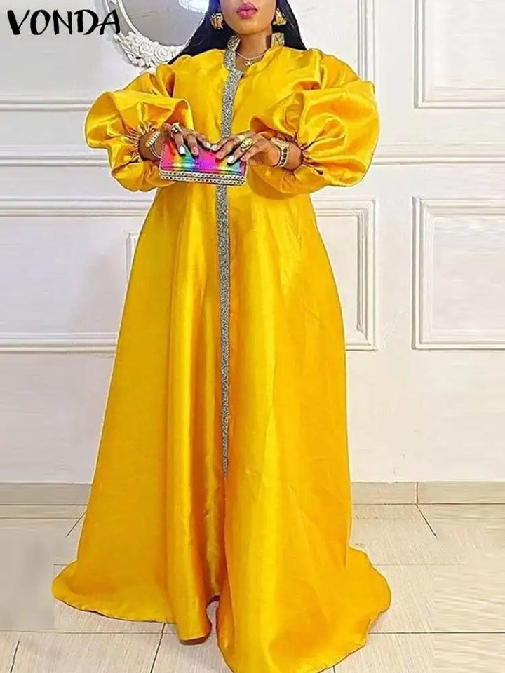 Plus Size 5XL VONDA Women Maxi Dress Autumn Long Lantern Sleeve Sexy V-neck Satin Patchwork Party Sundress Casual Loose Robe