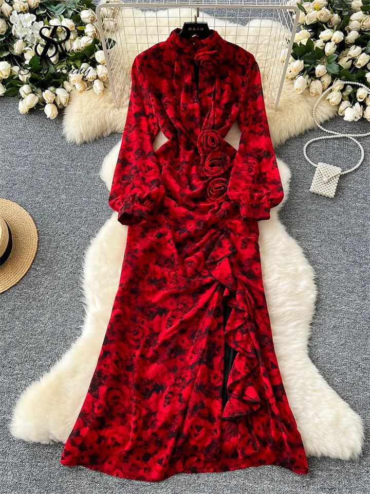 SINGREINY 3D Floral High Quality Long Dress - Streetwear 2024
