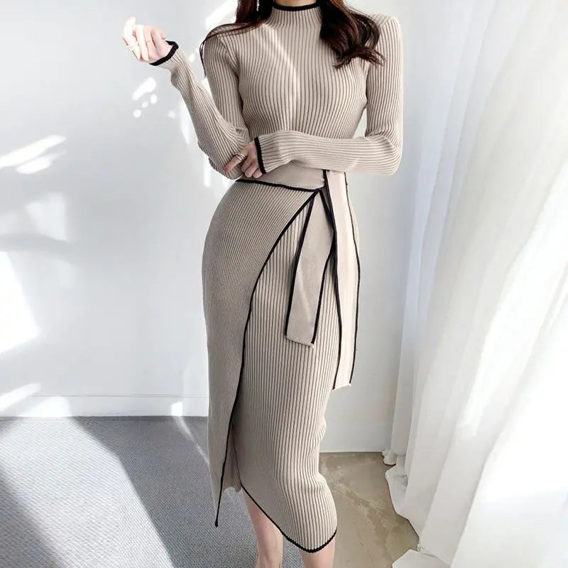 Korean Fashion Turtleneck Maxi Dress - Colorblock Crochet Knit Bodycon