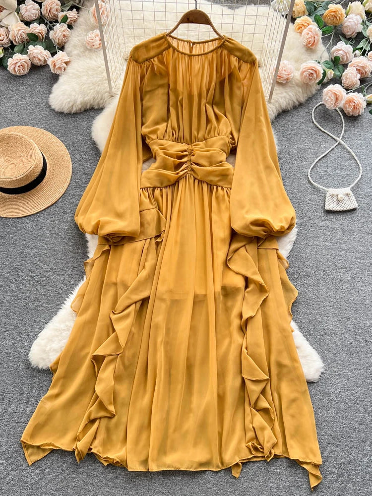 Chic A-Line Chiffon Dress with Puff Sleeves for Women - Aibeautyer