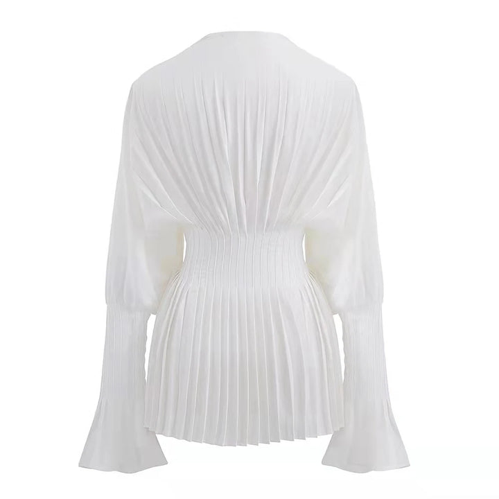 Elegant Women Loose White V-Neck Pleated Shirts Female Lantern Full Sleeve Tops Blouses Casual Blusas 2023 Spring Autumn DS4