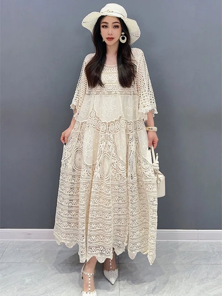 2024 Spring Summer Lace Dress: Elegant Lady Fashion with Mid Sleeves, Large Hem, and Hollow Out Design