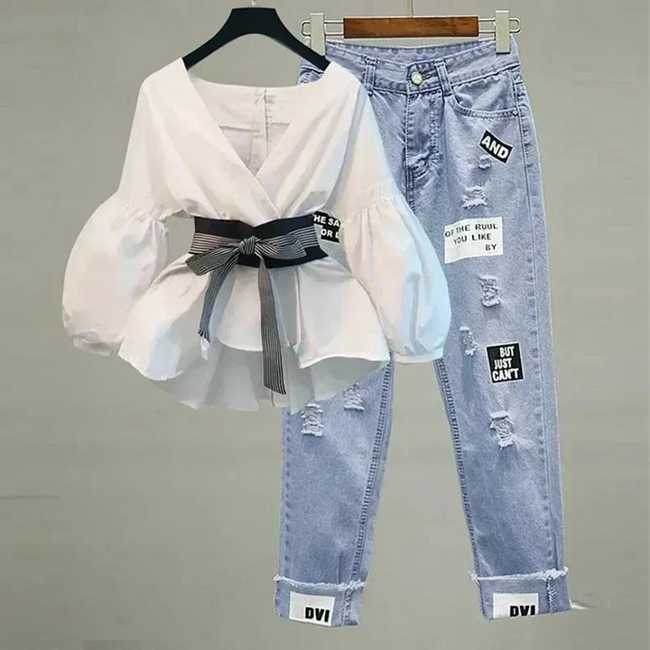 Upgrade Your Style with Our Women's Bow Knot Pants Set - Slim Fit, Chiffon Shirt, Denim Jeans - Perfect for Any Occasion!