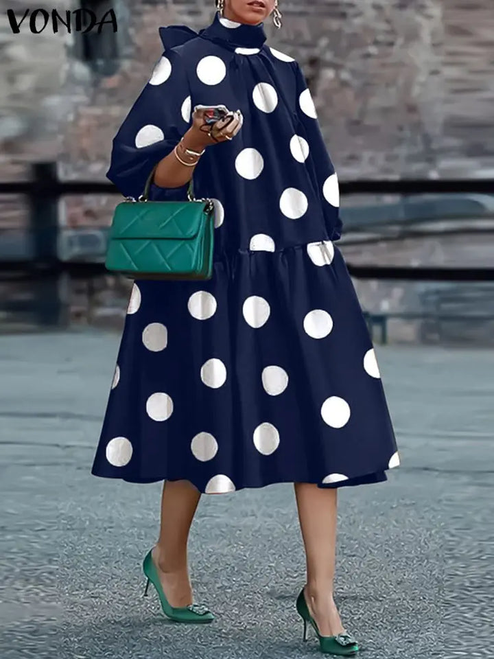 Stylish Plus Size Midi Dress - Elegant Bohemian Design for Women - 3/4 Sleeves, Stand Collar, and Bandage Robe - VONDA 2023