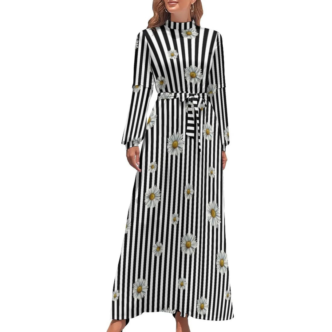 Korean Fashion Striped Maxi Dress - High Waist, Christmas Kawaii, Beach Wear - Red Line Print - European Sizing