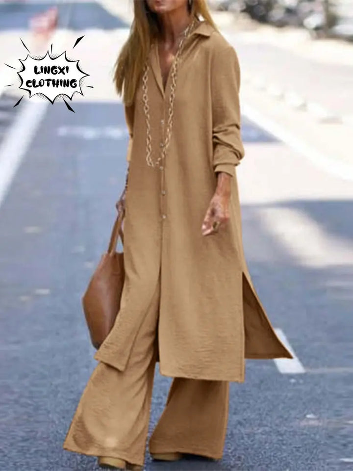 Upgrade Your Autumn Style with Our Long Sleeve Shirt and Wide Leg Pants Set - Sizes Up to Large!