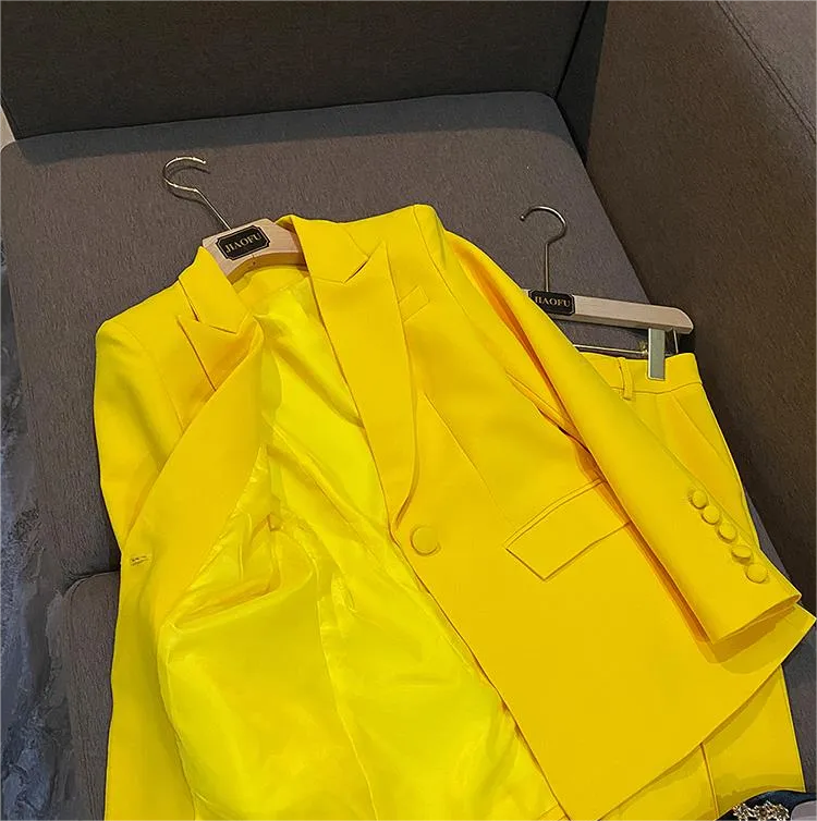 Yellow Office Lady Suit: Double-breasted Blazer & Flared Pants Set