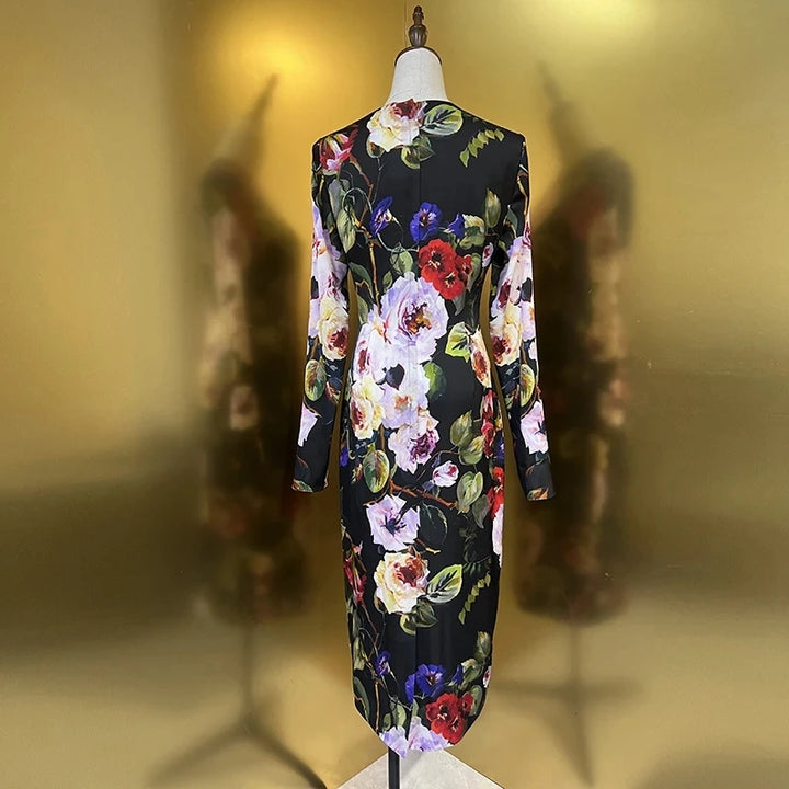 Spring Floral Print Silk Dress - Seasixiang Fashion Designer - Slim Fit - Long Sleeve - Vintage Party Wear