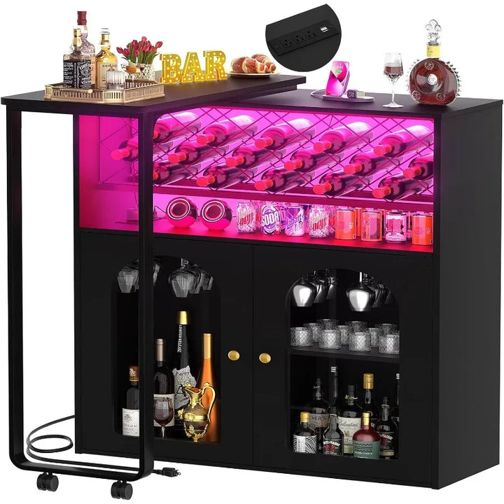 Transform Your Home with Our Rotating Wine Bar Cabinet - 360° Rotation, LED Lights, Power Outlets, & More!