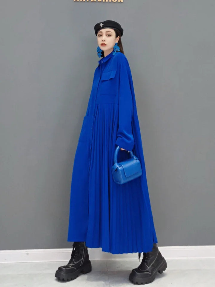 Stylish Solid Color Robe Dress for Women - Autumn 2024 Fashion - Long Sleeve, Pleated, Turn-Down Collar