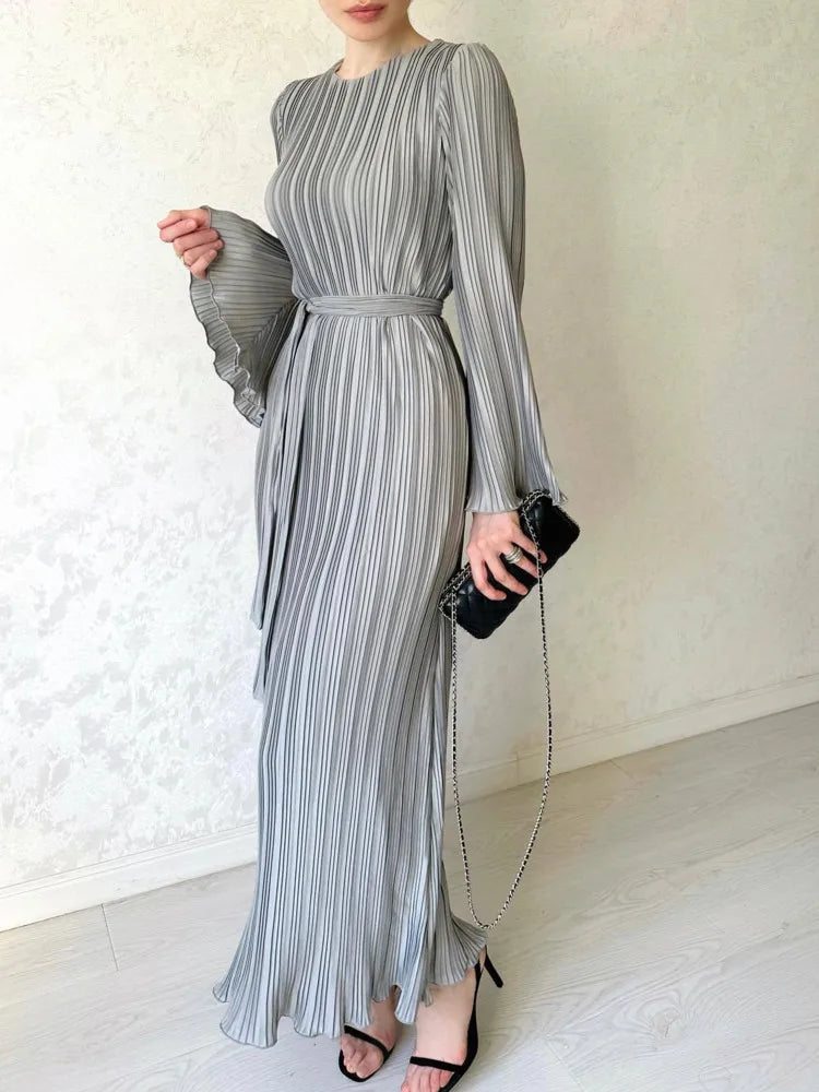 LANMREM Elegant Pleated Dress - Spring 2024 Collection - Sizes S-2XL - Solid Color - Party Dress