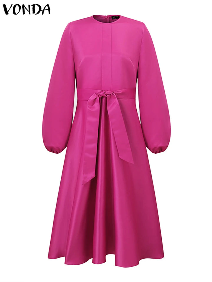 Elegant VONDA Satin Party Dress with Long Lantern Sleeves and Pleated Midi Skirt - Casual Loose Solid Robe with Belt