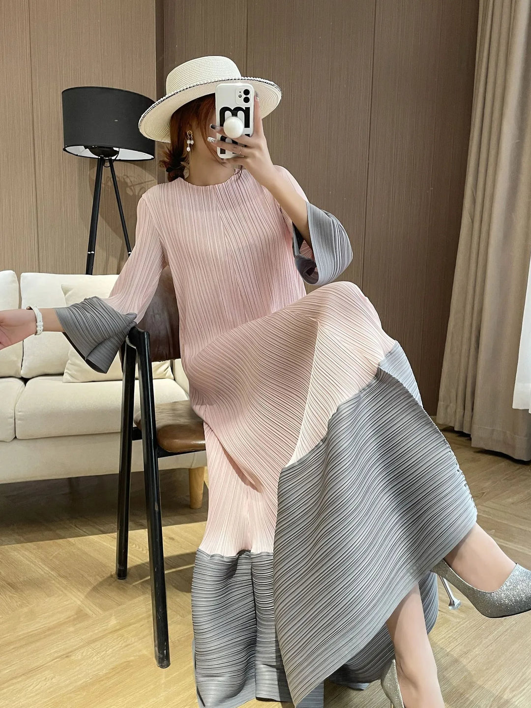 2023 Miyake Long Sleeve Dress - Relaxed Fit, Round Neck, Feminine Fashion - Women's Party Dress