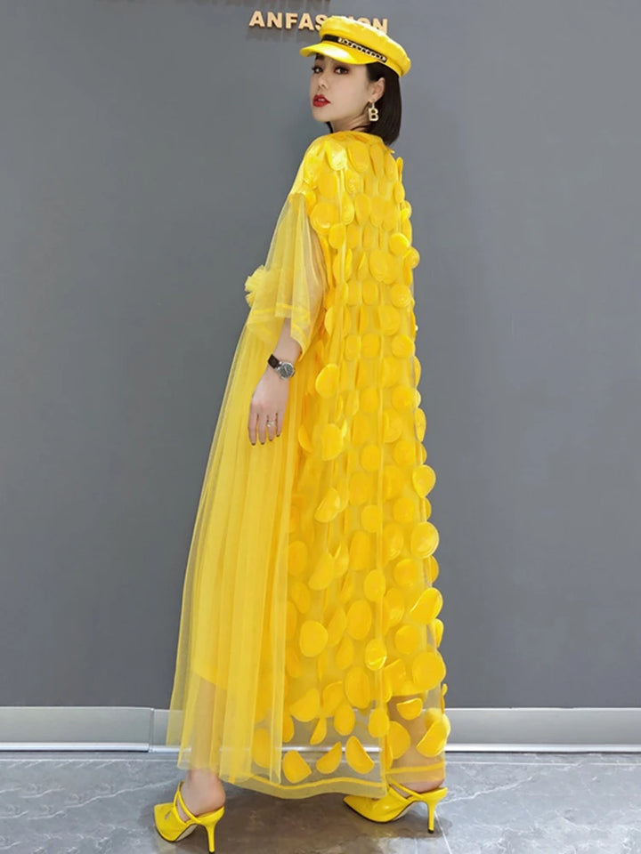 2024 Spring Trend: SHENGPALAE Elegant Yellow Dress for Women - O-Neck, Short Sleeve, Mesh Spliced - Y2K Clothes Vestido