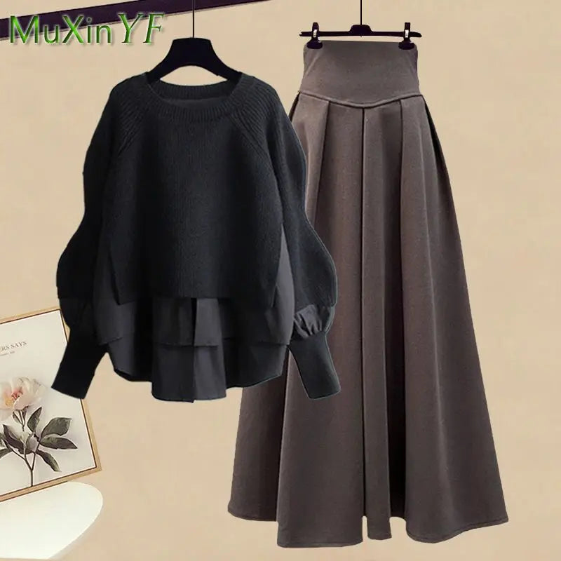 2023 Autumn/Winter New Korean Elegant Splice Fake Two Piece Knitted Sweater Dress Matching Set Women's Chic Pullover Skirt Set