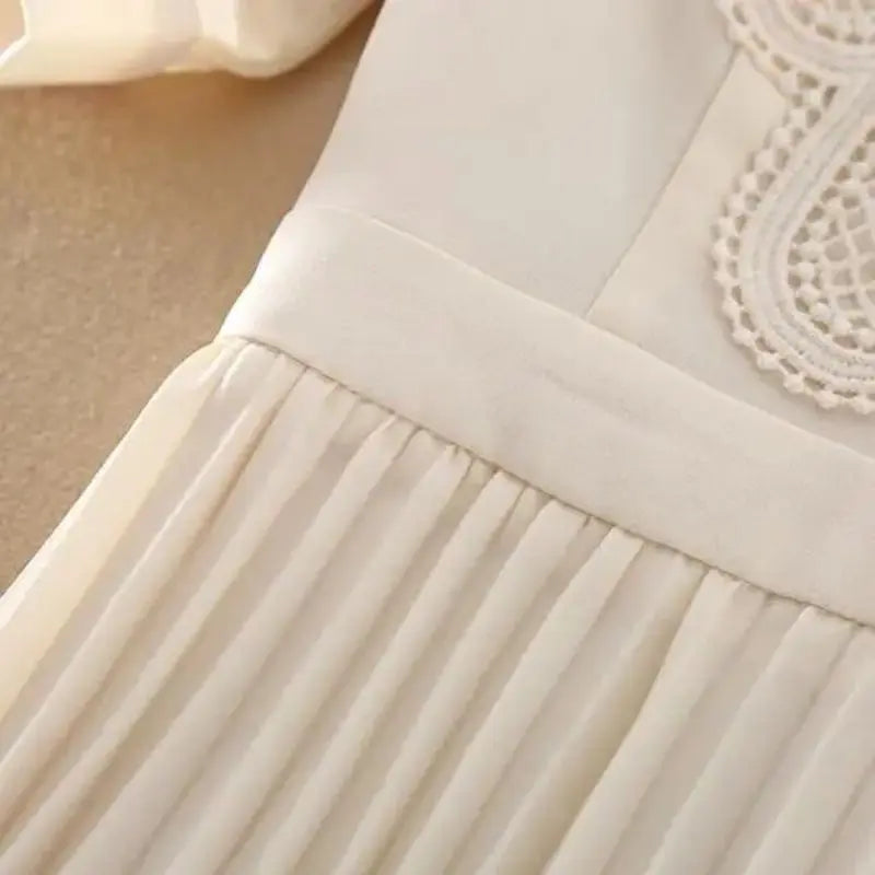 Women's Embroidered A-Line Dress | Elegant Mid-Calf Pleated Design | Office Lady Style