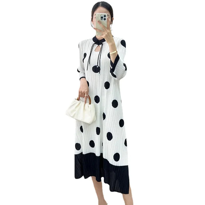 2023 Autumn Polka Dot Dress | Elegant Stand Collar | Three-quarter Sleeves | Sizes 90-120cm | Miyake Fashion