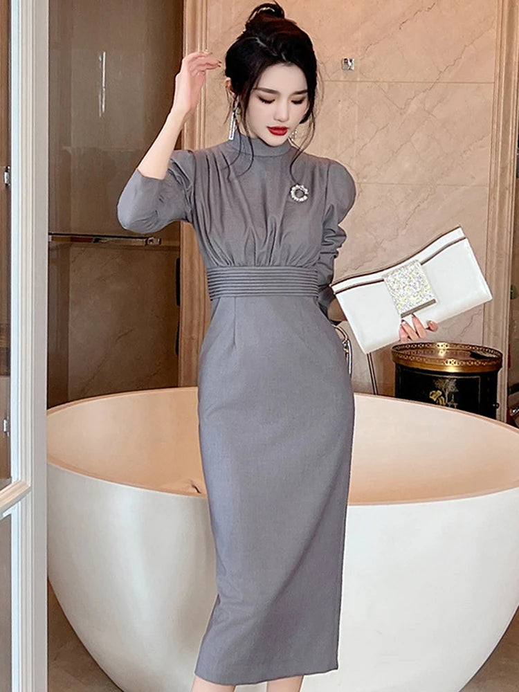 Retro Elegant Bubble Sleeve Professional Dress for Women - High Waist Wrap Hip Slit Midi Robe Femme OL Work Style Vestidos