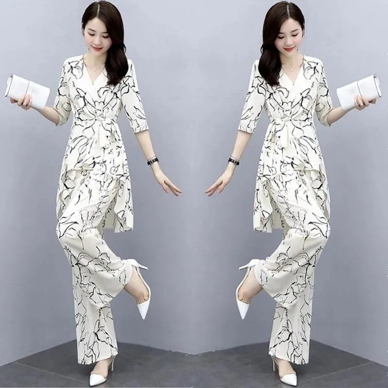 Fashionable Summer Women's Clothing Set: High Waist Wide Leg Pants & Irregular Hem Top