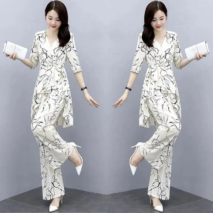 Fashionable Summer Women's Clothing Set: High Waist Wide Leg Pants & Irregular Hem Top