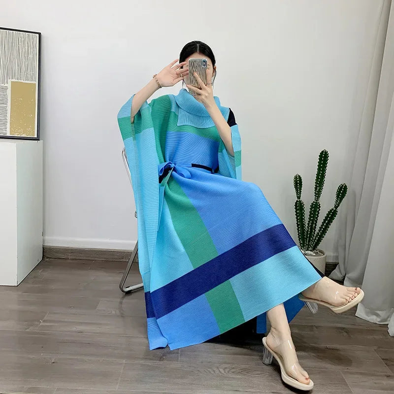 2024 New EGRM Spring Maxi Dress: Color Block, Pleated, Wrapped Sleeves, Belted