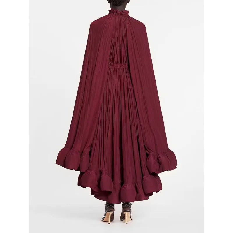 Women's V Neck Irregular Solid Dress with Cloak Sleeves, High Waist, and Lace Up Detail - Summer Fashion