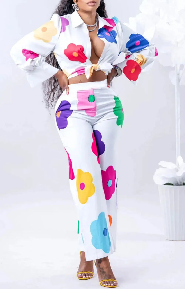 Upgrade Your Office Look with Elegant Floral Print 2-Piece Set - Blouse & Wide Leg Pants