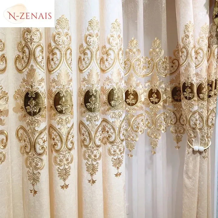 European Beige Embroidered Chenille Luxury Curtains for Living Room Blackout Bedroom Window Dining Custom Valance White Tulle