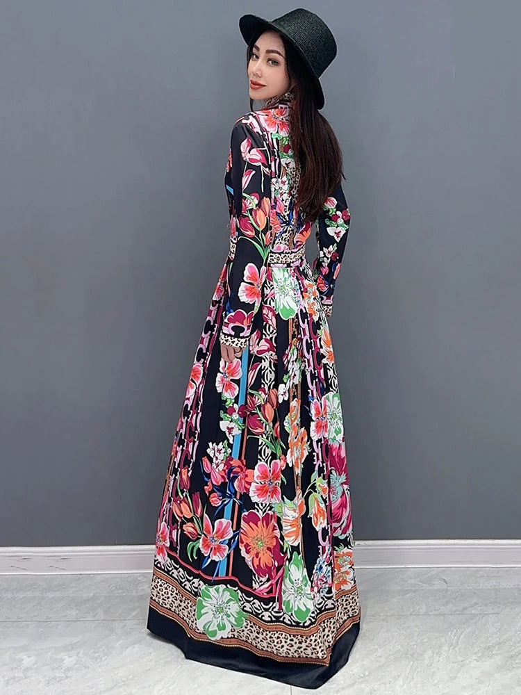 Vintage Printed Dress - Elegant A-line - Floor Length - Spring 2024 - Trendy - Lapel - Women's Fashion