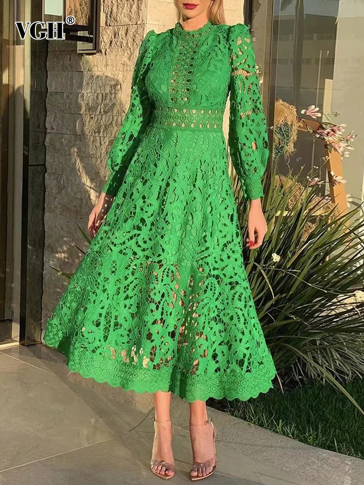 Vintage Lace Panel Dress for Women - High Waist, Stand Collar, Long Sleeve - Spring Fashion