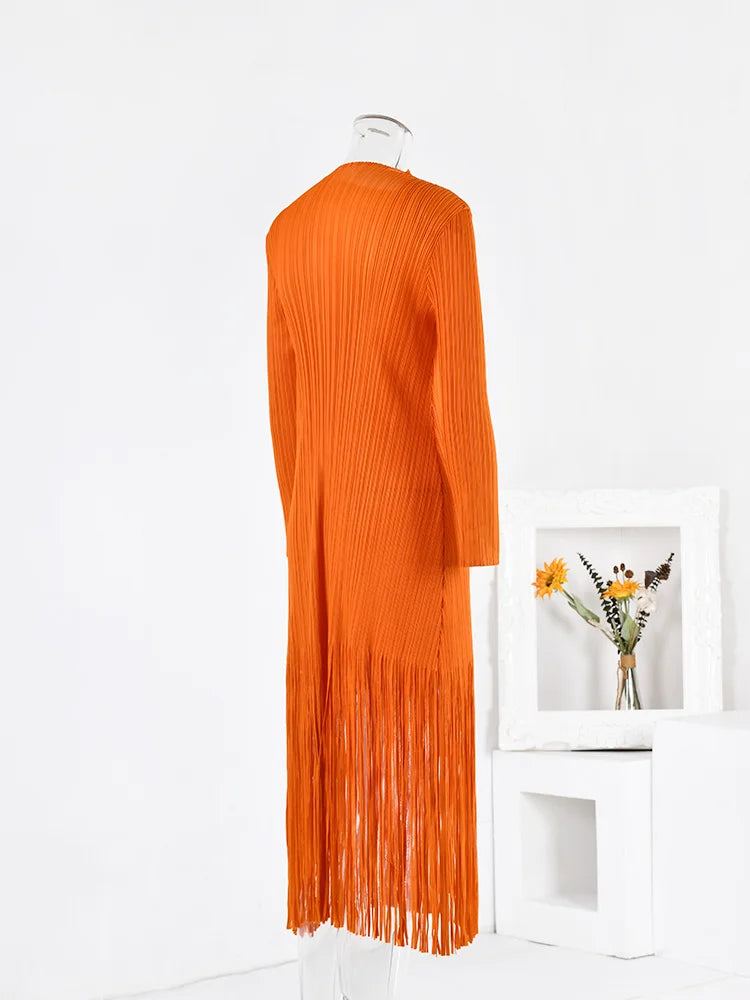 LANMREM Orange Tassel Pleated Dress - Round Neck, Long Sleeves, Party Clothes, Autumn Fashion