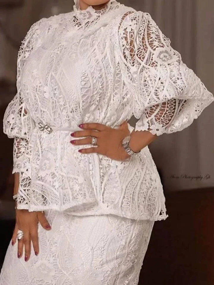 Elegant White 2 Piece Outfit Women Lace Long Sleeve Mock Neck Top Blouse and Pencil Skirt Set Formal Cocktail Wedding Guest Gown