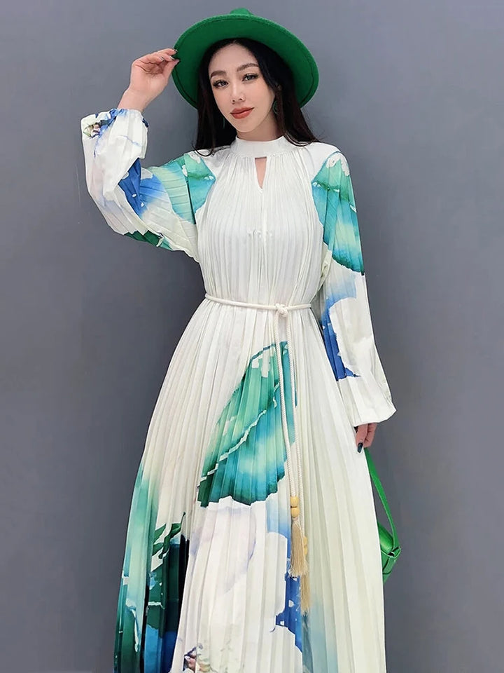 Stylish SHENGPALAE Contrast Color Pleated Dress - A-line, Floor Length, Full Sleeve - 2024 New Collection