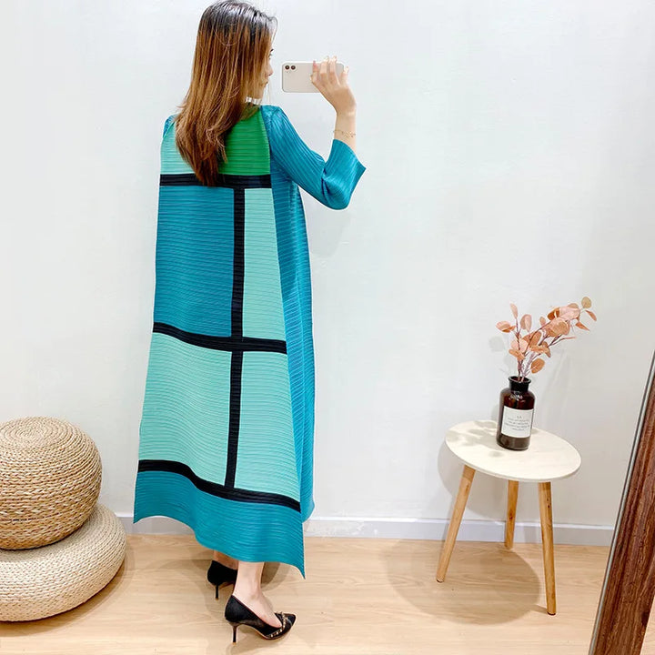 LANMREM Women Autumn Summer Long Dresses  Three Quarter Sleeve Casual Office Party Lady Elegant Plaid Dress 2D1236