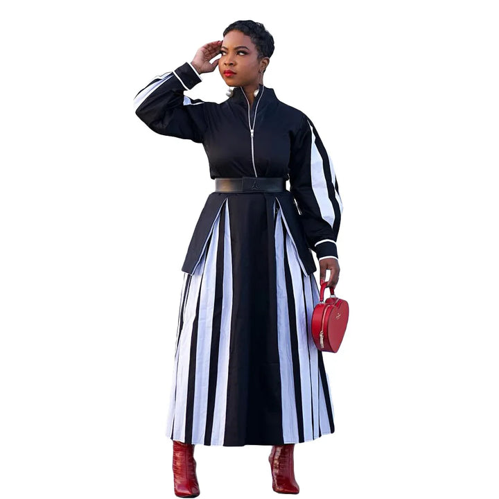 Stripe Maxi Dress with Ruffle Hem & Lantern Sleeves - Spring/Autumn Party Evening Wear