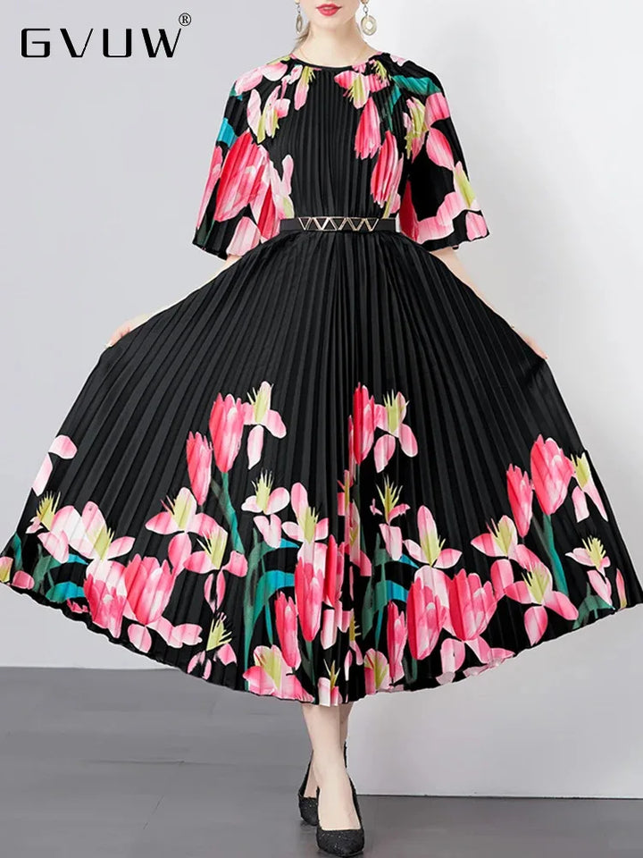 Stunning GVUW Pleated Print Dress - Elegant Lady Summer 2024 Collection