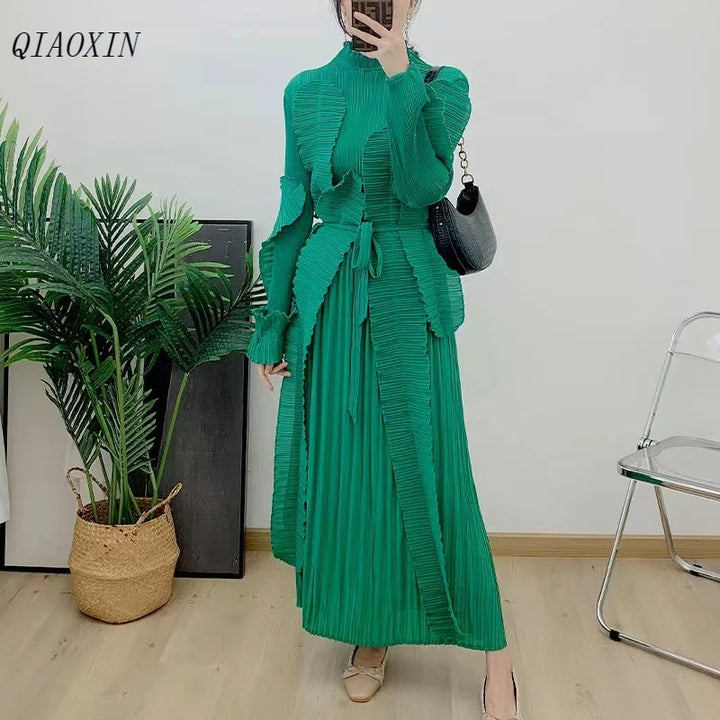 2024 New Spring Miyake Maxi Dress - Solid Ruffles, Full Sleeves, Evening Party - Women's Fashion