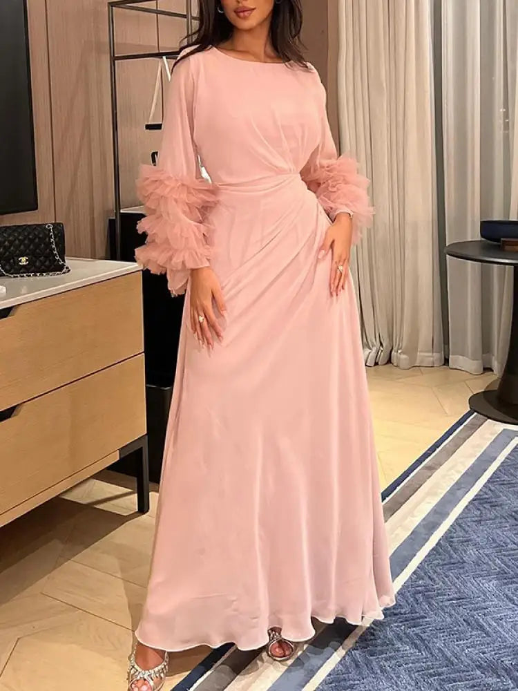 Elegant Lemongor Bridesmaid Dress - Flared Sleeves, Solid Color, Maxi Length - Perfect for Parties and Events