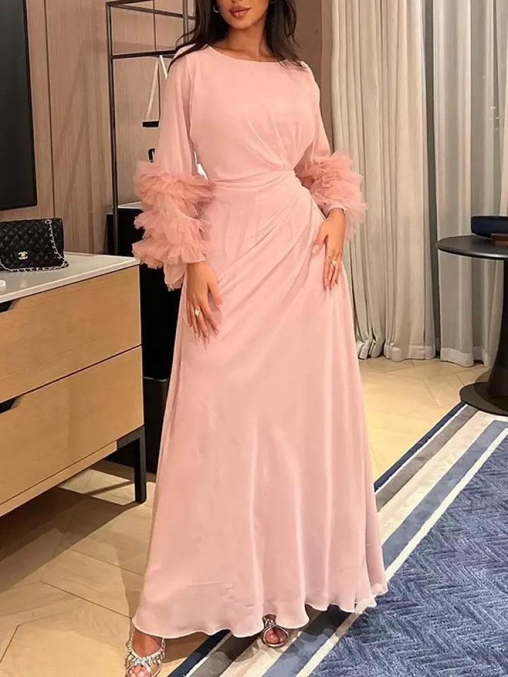 Elegant Lemongor Bridesmaid Dress - Flared Sleeves, Solid Color, Maxi Length - Perfect for Parties and Events