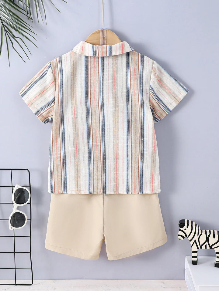 Stylish Boys' Summer Outfit: Short-Sleeved Shirt & Quarter Pants with Vertical Print