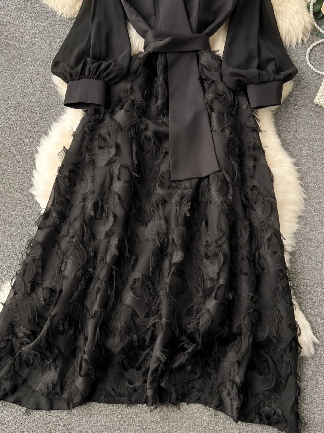 Vintage Black Long Party Dress with French Bubble Sleeves