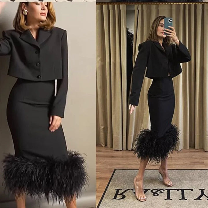 Black Designer Ostrich Feather Women Suit Set