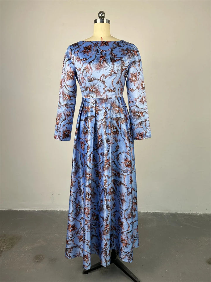 AOMEI Elegant Retro Dress 2024 New Round Neck Printed Long Sleeved Waist Wrapped Mid Length A-line Pleated Dress Maxi Robe