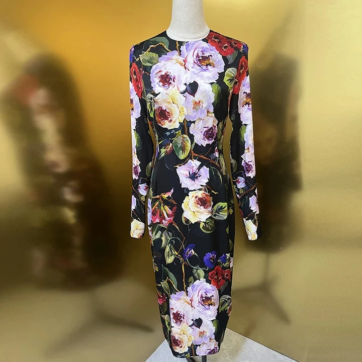 Spring Floral Print Silk Dress - Seasixiang Fashion Designer - Slim Fit - Long Sleeve - Vintage Party Wear