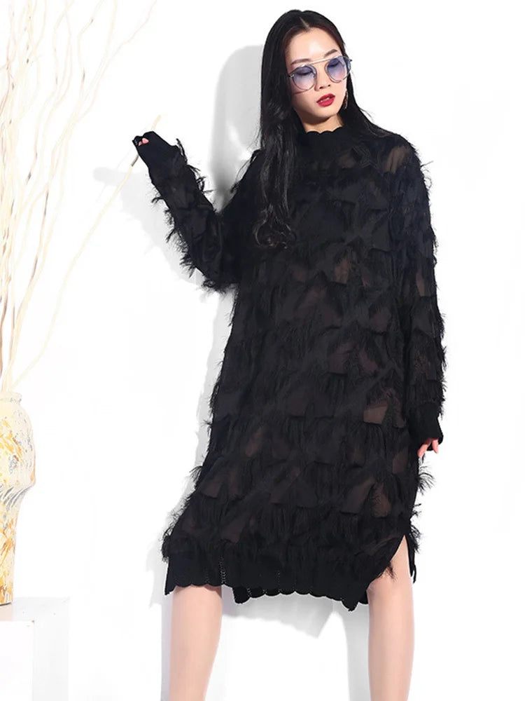 Black Split Joint Dress: Spring/Autumn Fashion, Plus Size, Stand Collar, Perspective, Long Sleeve