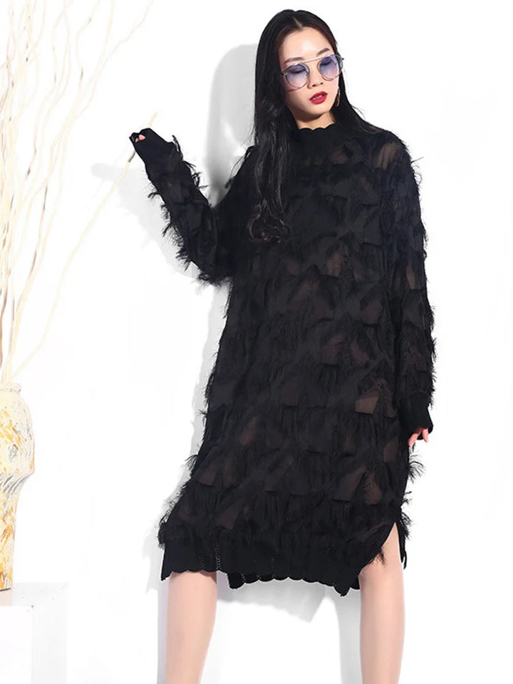 Black Split Joint Dress: Spring/Autumn Fashion, Plus Size, Stand Collar, Perspective, Long Sleeve