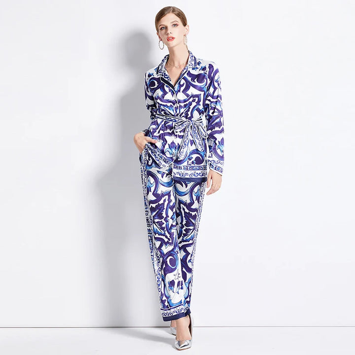 Blue and White Porcelain Print Pants Suit - Autumn Fashion Runway Set